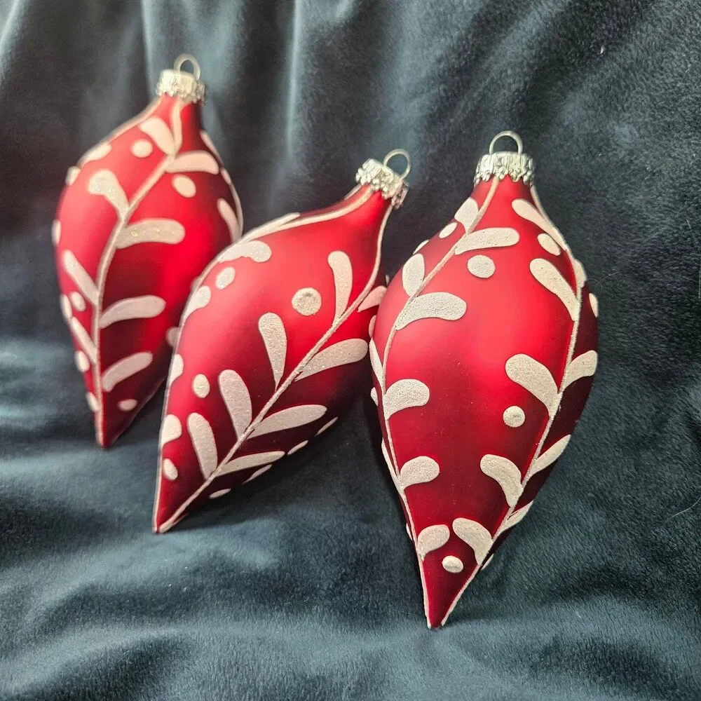 Set of 3 G.D. Red & White Glitter Leaf Christmas Ornaments Glass Teardrop